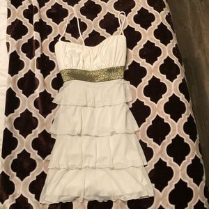L Sweet Storm white and gold empire waist tiered ruffle minidress